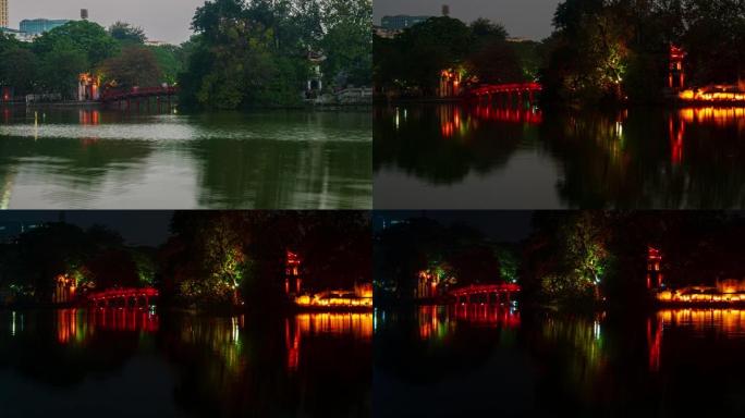 时间流逝:玉山寺和红桥倒影在还剑湖，河内，越南