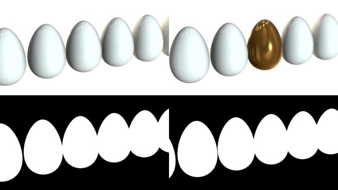 金蛋排成一排。3D渲染。复活节，出众，商业概念。