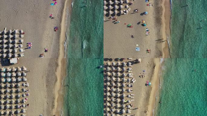 希腊克里特岛falassanna海滩、水晶水、金色沙滩、无尽的沙质绿松石海滩的空中无人机视频。著名的