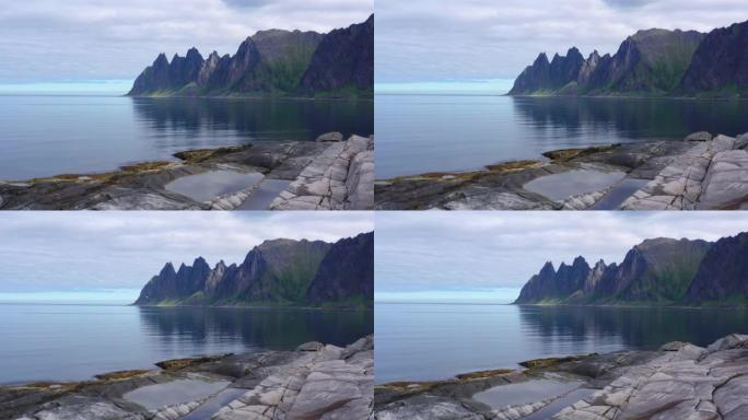 岩石Davil下巴的鸟瞰图。挪威，塞尼亚岛。