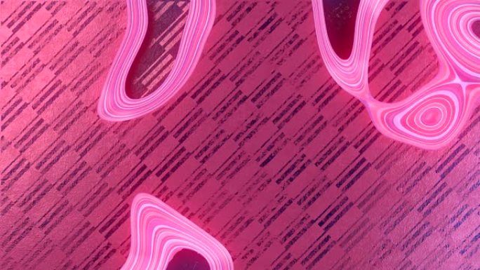 摘要多色波浪形，分形发光图案穿过粉红色的混凝土表面覆盖着旧油漆的运动图案。3d渲染无缝循环动画。4K