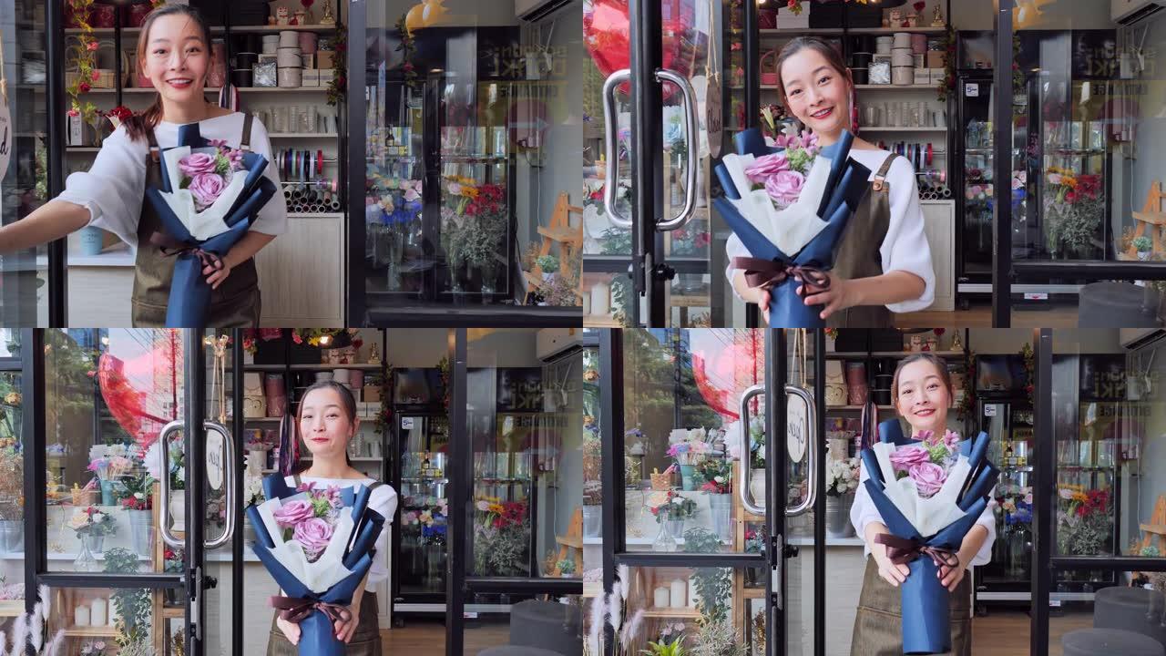 亚洲女性花店开店老板欢迎前来买花的顾客，一个拥有专业花店的日本女性，都市花店，小型经营概念，