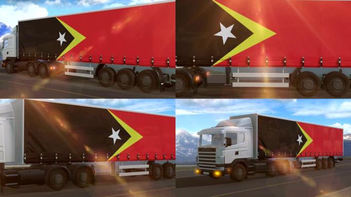 一辆大卡车侧面显示的东帝汶国旗
