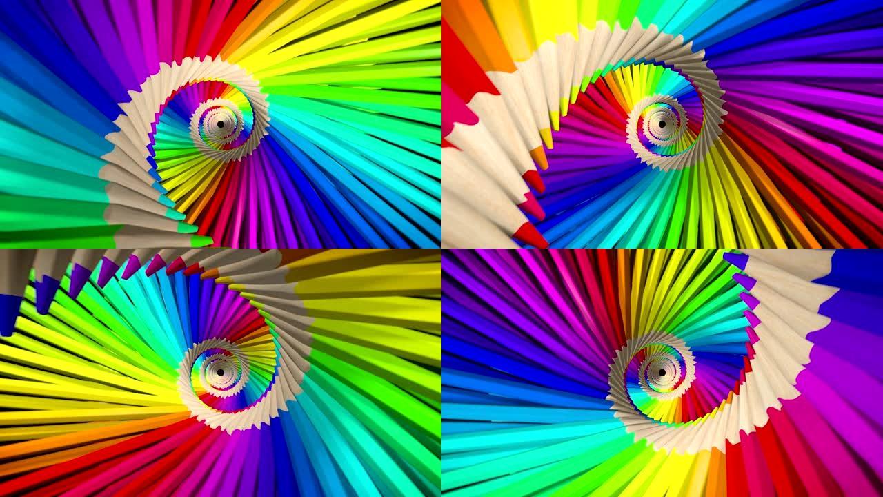 彩色铅笔形成螺旋形，循环3D动画