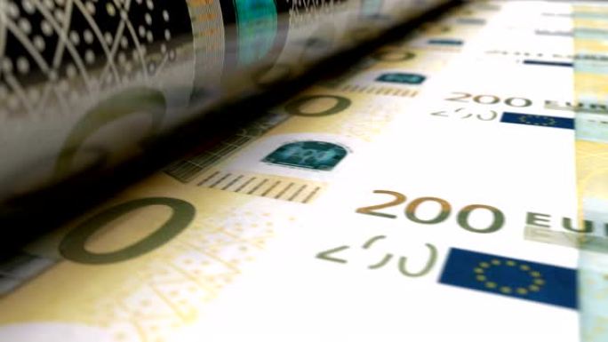 特写欧元印钞机印刷200欧元纸币。循环