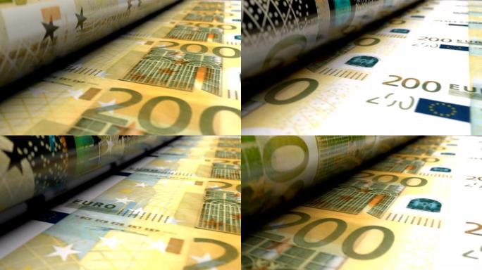 特写欧元印钞机印刷200欧元纸币。循环