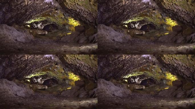 来自葡萄牙马德拉岛圣维森特洞穴穹顶的4k干净水滴镜头。