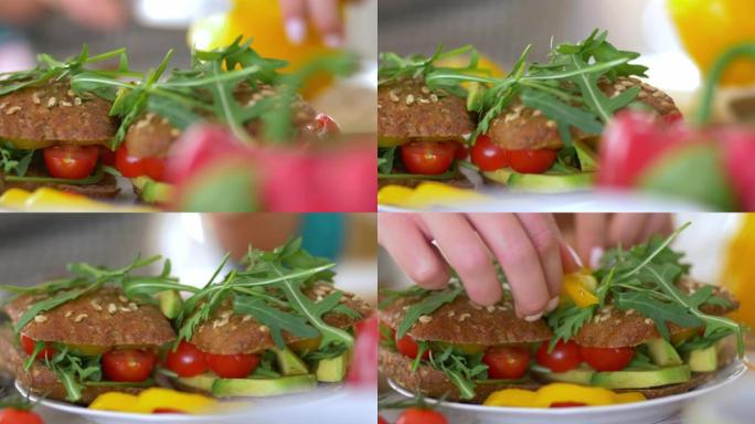 美味蔬菜三明治的视差镜头放在盘子里