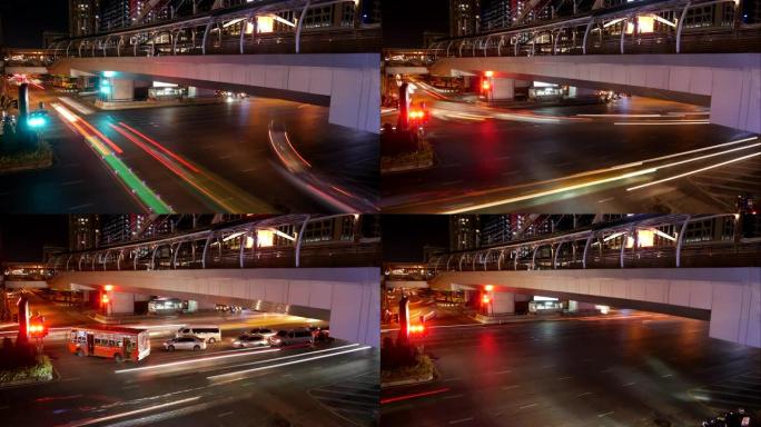夜间城市路灯，城市交通和汽车灯的延时镜头。黑暗时期有明路的快速行驶汽车