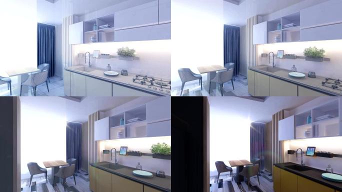 3D动画图形网格过渡室内设计厨房房间模糊阁楼