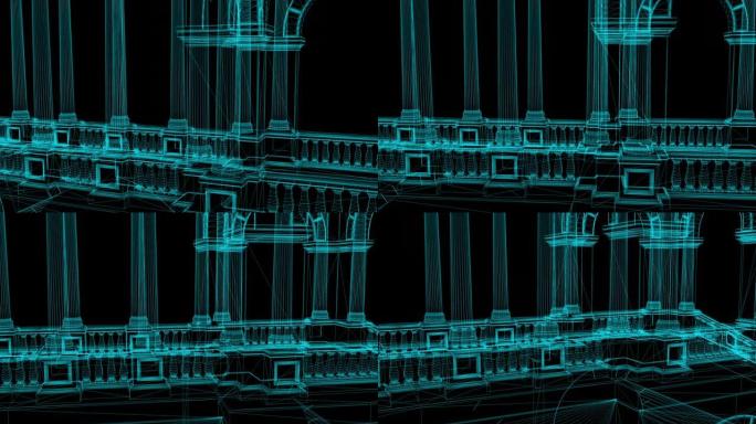 带有圆柱的浮夸宫殿的线框模型动画