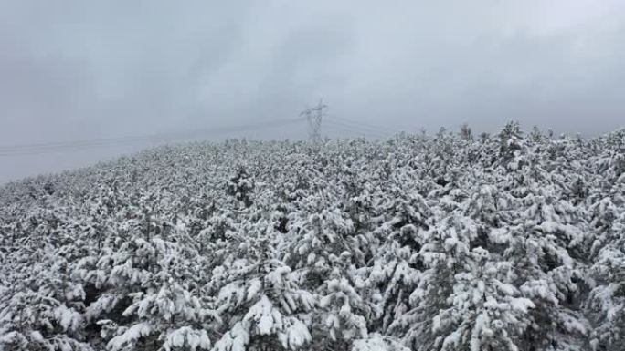 电力线、高压塔雪、森林、无人机射击