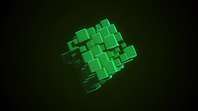 抽象的绿色心脏由移动的小矩形块组成，在黑色背景上旋转隔离，无缝循环。动画。技术概念