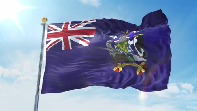 南乔治亚和南桑威奇群岛的国旗在深蓝色的天空中迎风飘扬。国家主题，国际理念。3D渲染无缝循环4K