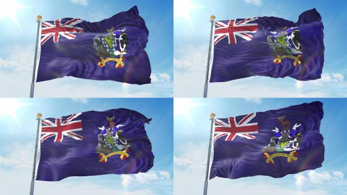 南乔治亚和南桑威奇群岛的国旗在深蓝色的天空中迎风飘扬。国家主题，国际理念。3D渲染无缝循环4K