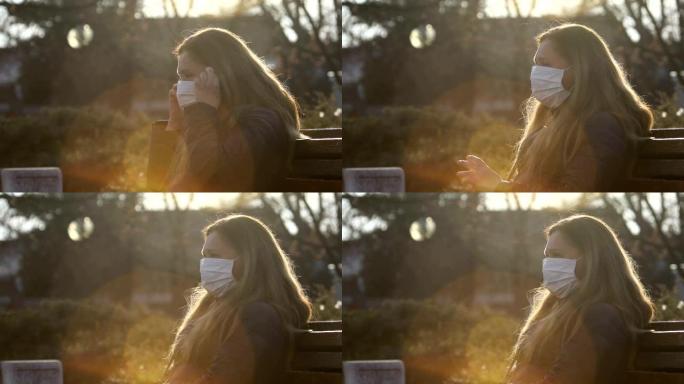 女人在脸上戴上防护面具。防止电晕病毒