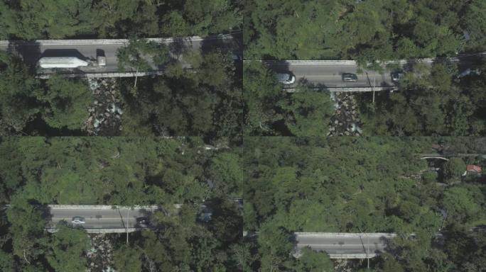森林公路空中: 卡车和汽车在郁郁葱葱的绿色丛林中间穿过公路大桥，下面有河