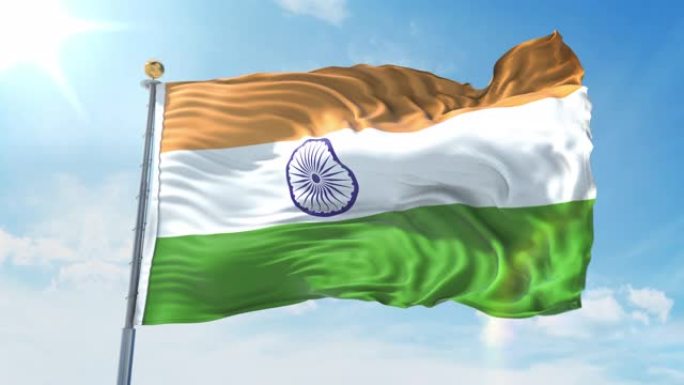 深蓝色的天空中飘扬着印度国旗。国家主题，国际理念。3D渲染无缝循环4K