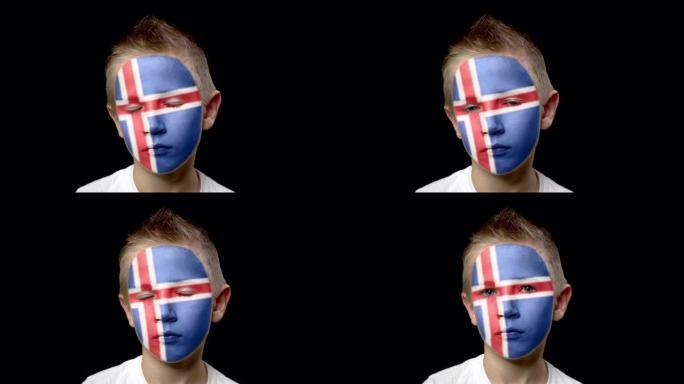 冰岛足球队的伤心球迷。脸上涂着民族色彩的孩子。