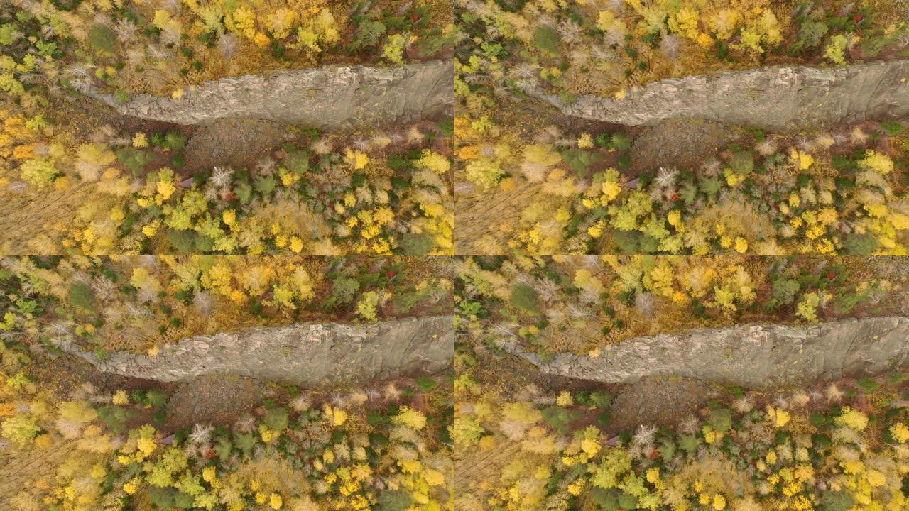 秋天森林中的花岗岩岩石，俯视图。