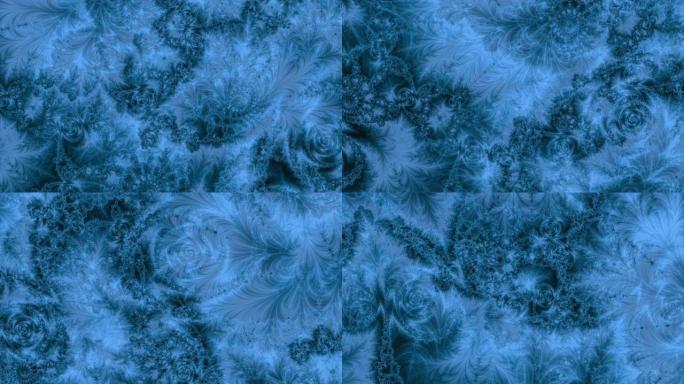 蓝色抽象高分辨率分形视频，纹理提醒那些在非常寒冷的日子窗蕨和霜花。