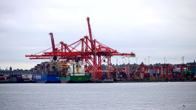 国际货船，集装箱货物起重机在港口工作