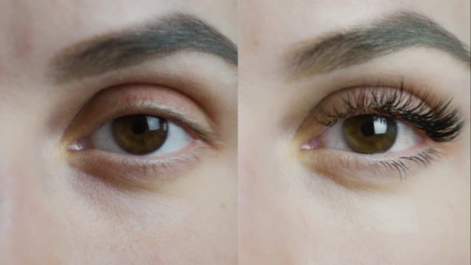 睫毛延伸。前后女性眼睛的比较。分屏视频。4k