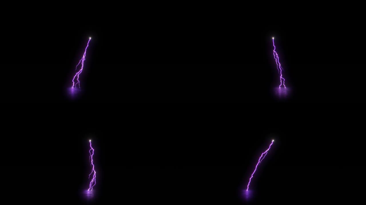 紫光放电反射在地板上。电力或等离子体。Lightning-effect电弧。特斯拉线圈打击黑色背景。