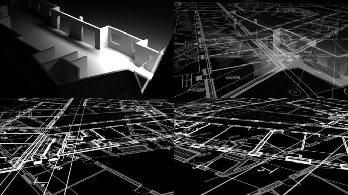 动画显示了地板设计的技术图，并绘制了精美的细节和房屋的3d模型