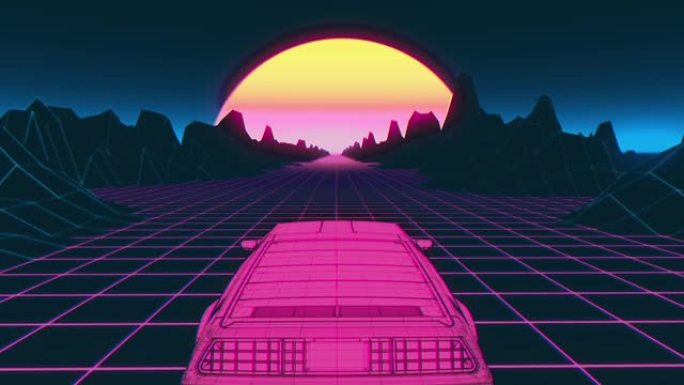 复古未来80年代风格科幻汽车背景。无缝循环3d视频动画
