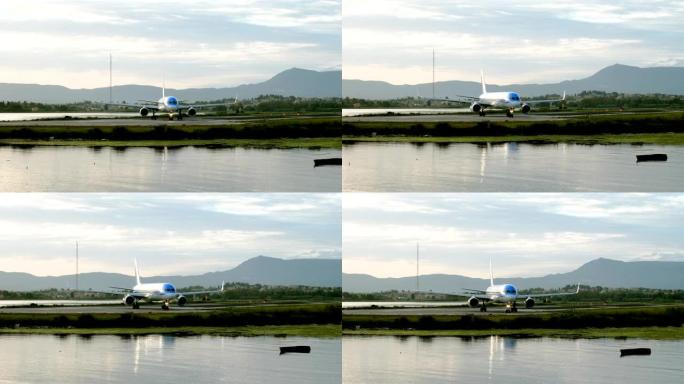 飞机在跑道上转弯。飞机在科孚岛机场起飞。希腊。4K