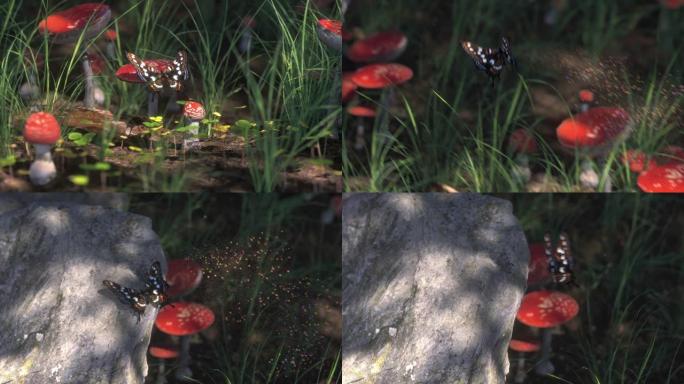 森林里的蝴蝶坐在蘑菇上