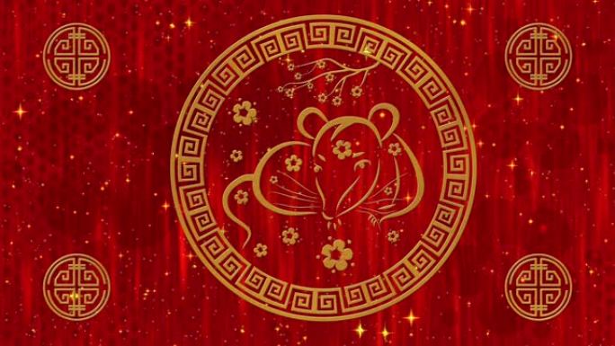 农历新年，春节背景为金鼠，红色丝绸图案。节日活动的农历新年红纸背景。3D渲染动画。无缝环路4k
