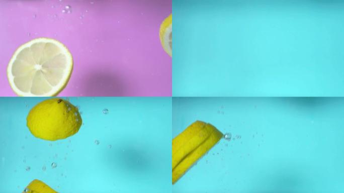 柠檬片正在缓慢地滴落并在水中旋转