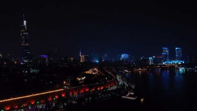 南京夜景照明湖滨公园空中市区全景4k中国