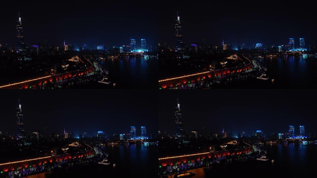 南京夜景照明湖滨公园空中市区全景4k中国