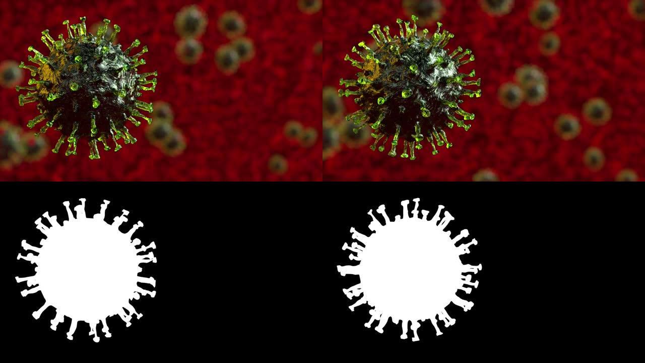 冠状病毒covid19和受污染的血细胞的特写，亮度哑光