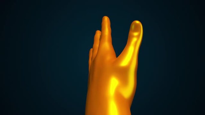黑暗背景下的迈达斯金棕榈演示的3d渲染。流线型画笔形状在屏幕上转动，电脑生成