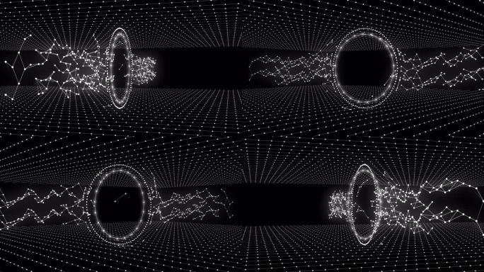 带有神经丛网络的抽象环形在背景的顶部和底部的平面之间旋转。