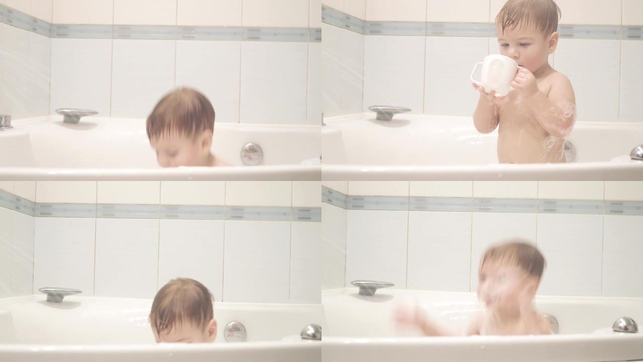 浴室里的男孩沐浴泡泡浴孩童