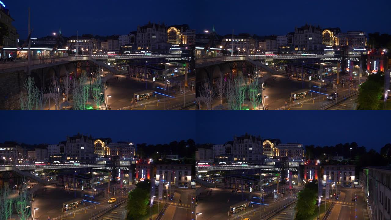 夜间照明洛桑城市中央交通街广场屋顶全景4k瑞士