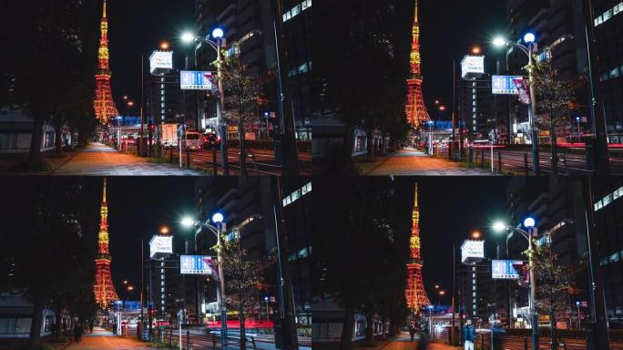 4k延时: 日本东京塔的倾斜日落黄昏是著名的地标，可欣赏城市景观，高峰时段的汽车和夜间道路上的人