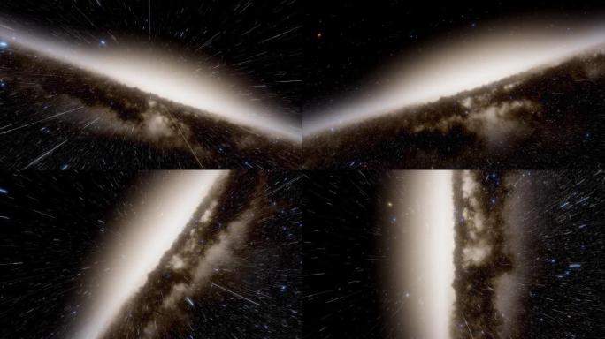 4 k动画。宇宙飞船以光速在太空中的星系中飞行。银河系中有数十亿颗恒星。美丽的星团