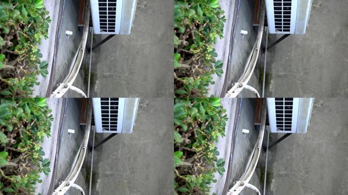 空调器系统的空气压缩机部分。侧面射击。主题在右边。主题在左边。绿叶。看过去。