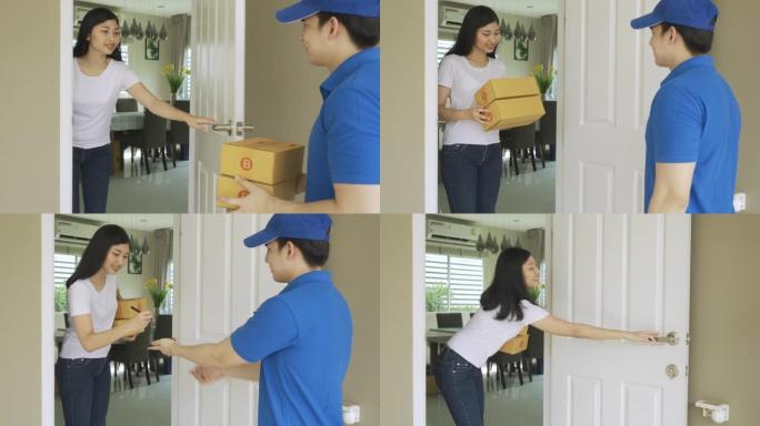 亚洲送货青年男子穿着蓝色制服微笑，在前屋拿着一堆纸板箱，亚洲妇女接受送货员的送货箱。广告，商业，运输