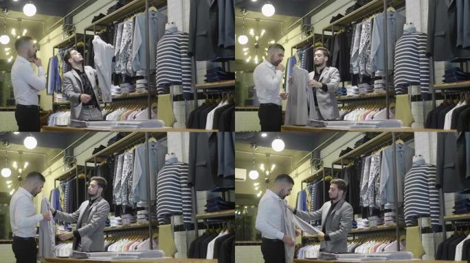 拉丁美洲男人在裁缝店选择衬衫 (慢动作)