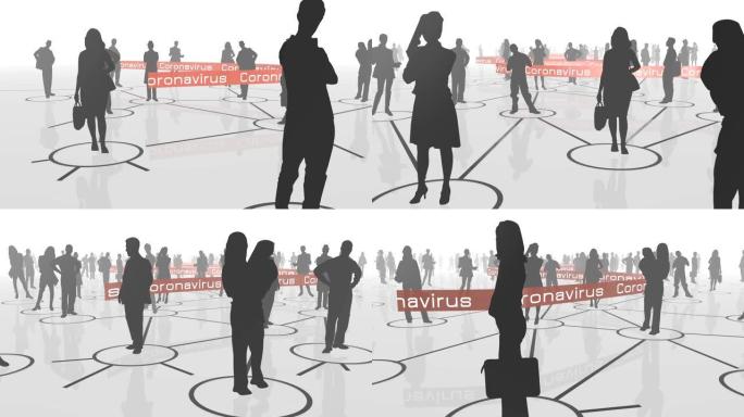 4k 3D动画: 人群之间的运动，带有注册冠状病毒的丝带在人与人之间偷偷摸摸