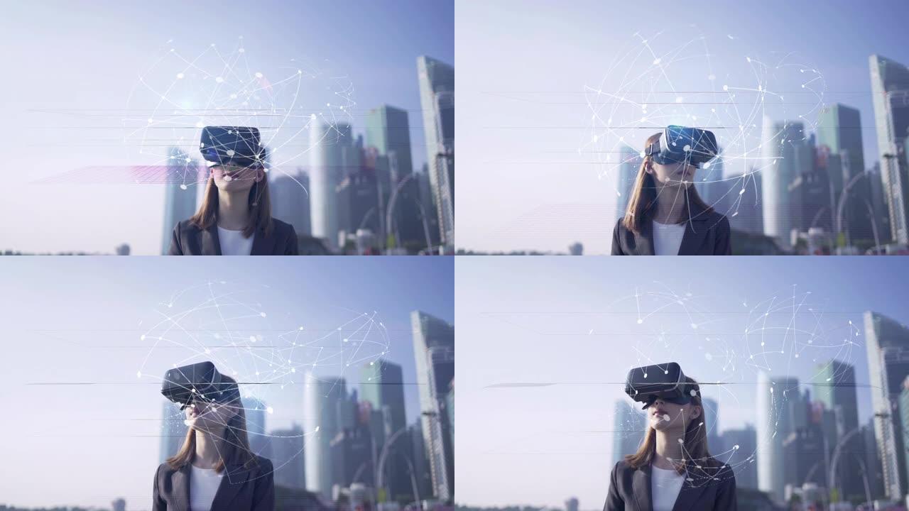 未来就是现在。站在城市时使用虚拟现实设备的亚洲女性的双重曝光。世界传播概念。