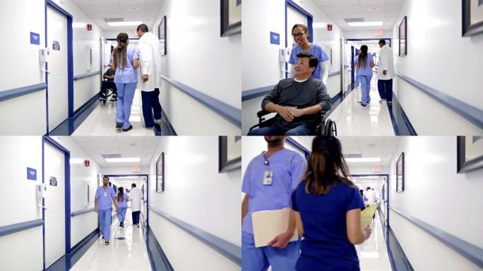 护士将高级患者推上轮椅