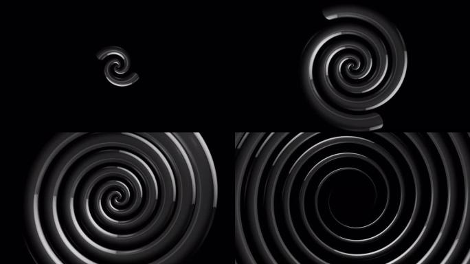 黑色背景上银色无尽旋转的未来螺旋，无缝循环。动画。抽象催眠螺旋旋转无止境，单色